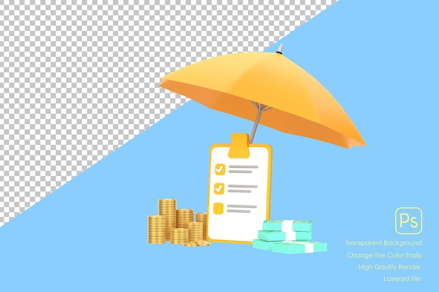PSD 黄色い傘の下に金貨と紙幣の山