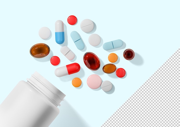 PSD pill bottle and medicine capsules on a table top view mockup