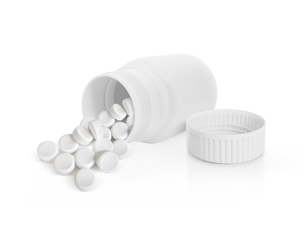 PSD pill bottle and white pills transparent background