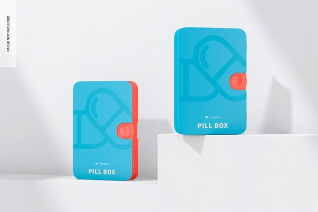 PSD pill boxes with case mockup, on podiums