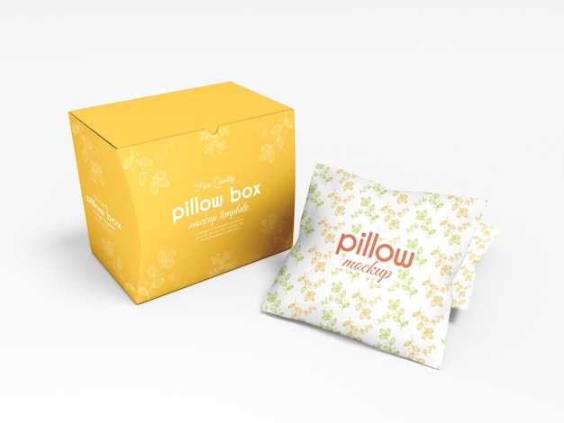 PSD pillow cushion cover with box packaging mockup