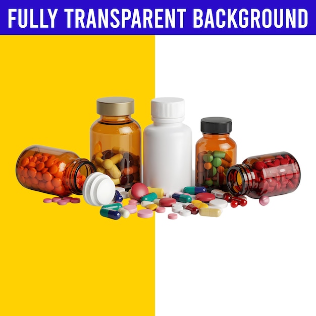 Pills and Medicine Bottles on a Yellow and White Background with Transparent Background
