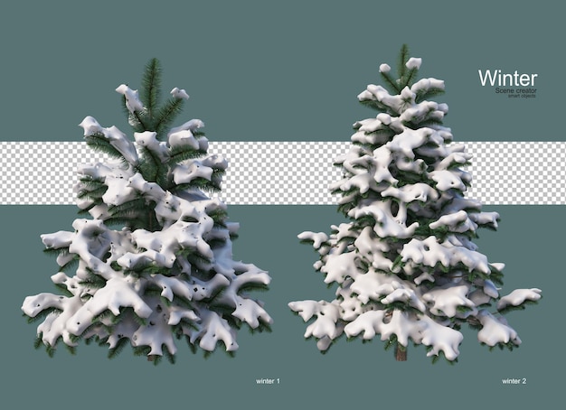 PSD pine trees of various sizes in winter