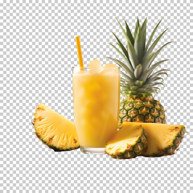 PSD fetta di ananas con una tazza di succo isolato su uno sfondo trasparente.