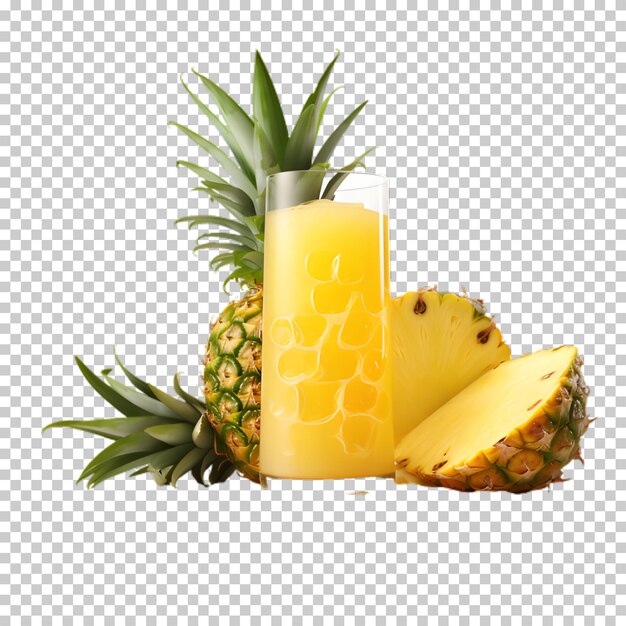 PSD fetta di ananas con una tazza di succo isolato su uno sfondo trasparente.