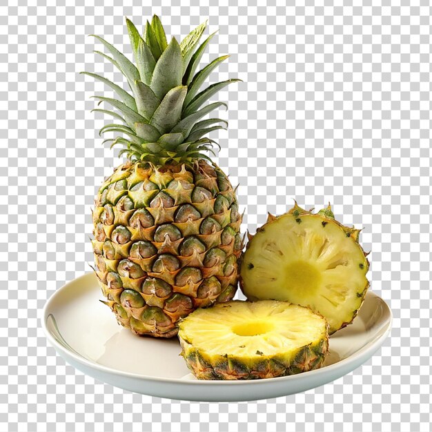 Pineapple on a white plate isolated on a transparent background