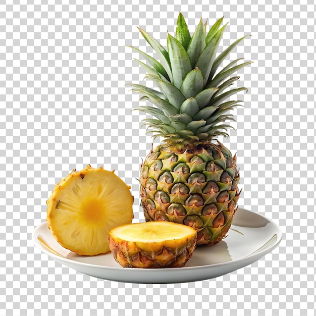 Pineapple on a white plate isolated on a transparent background