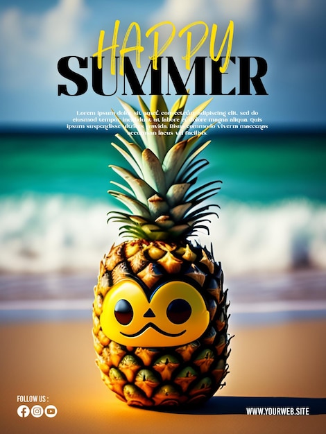 A pineapple with a smiley face is on a beach.