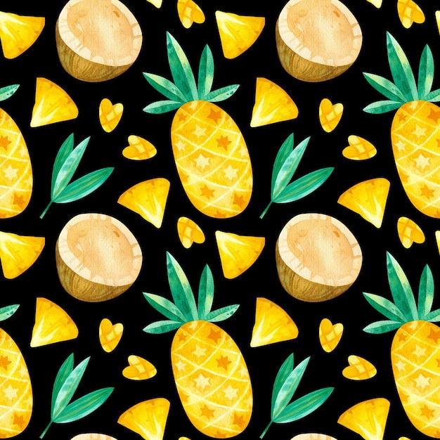 pineapples and coconuts drawings seamless pattern summer tropical fruits