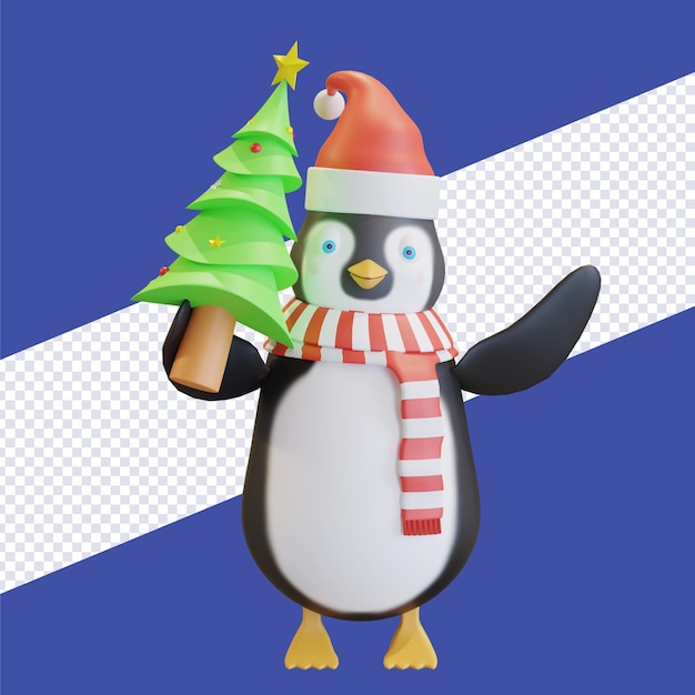 Pinguïn met kerstmuts met rode sjaal en kerstboom met kerstboom