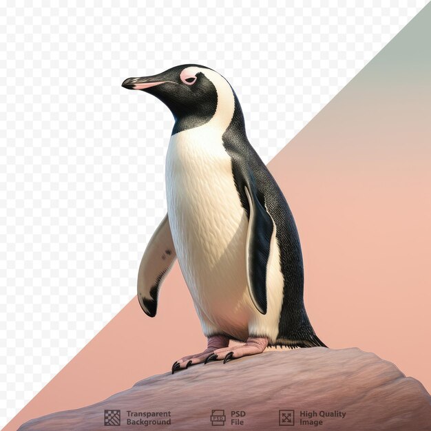 PSD pingwin stoi na skale i patrzy na kamerę.