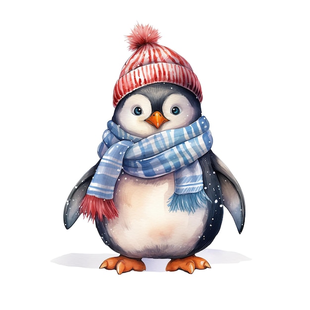 PSD pingwin w zimowych ubraniach na świąteczne wydarzenie akwarelowy styl wygenerowany przez sztuczną inteligencję