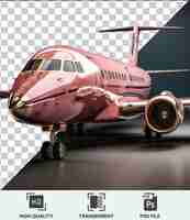 PSD a pink airplane with black wheels and small windows is parked on a runway against a dark sky