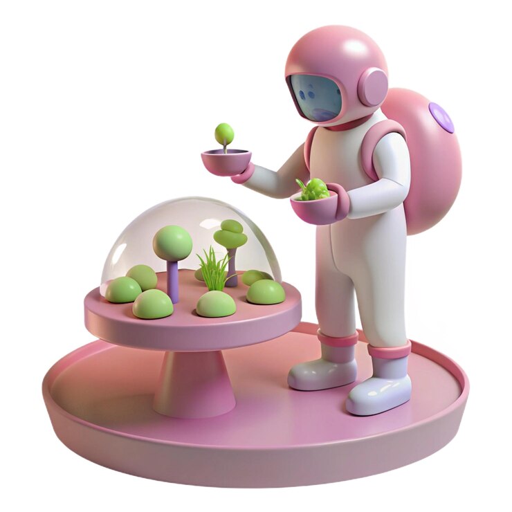 PSD a pink alien figurine with a pink helmet on and a pink helmet on the left