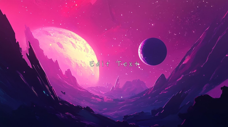 PSD pink alien planet landscape with two moons and starry sky