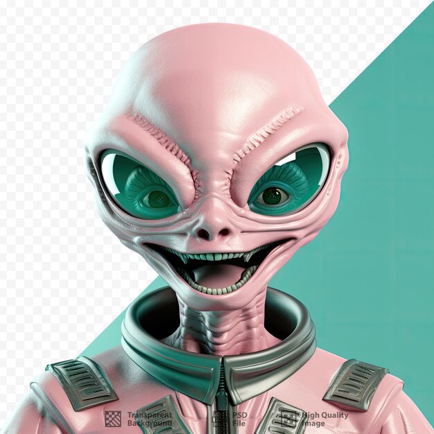 PSD a pink alien with a green eyes and a pink suit on it.