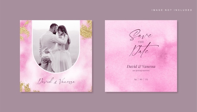 PSD ピンクとゴールドの写真の結婚式の招待カード テンプレート デザイン