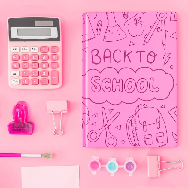 Pink back to school mockup with notebook cover