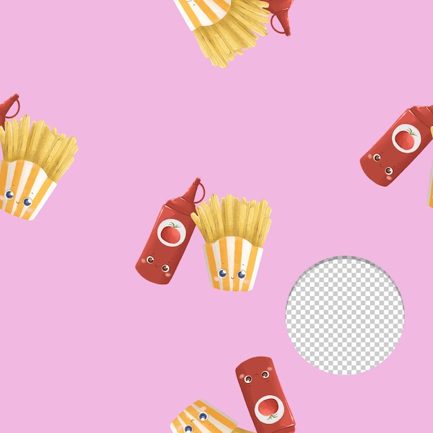 PSD a pink background with a bottle of french fries and a red container with a cat on it.