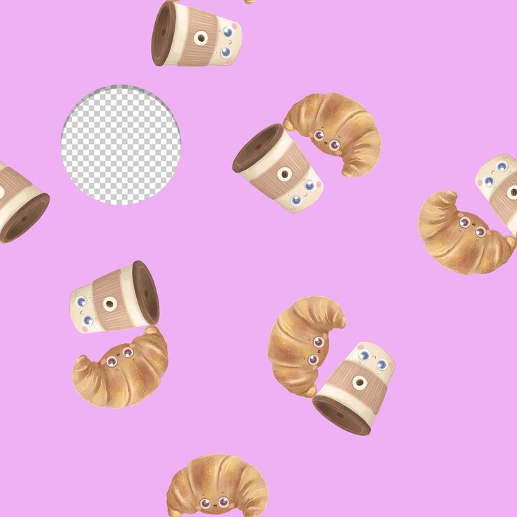 PSD a pink background with a pattern of croissants and a cat face.