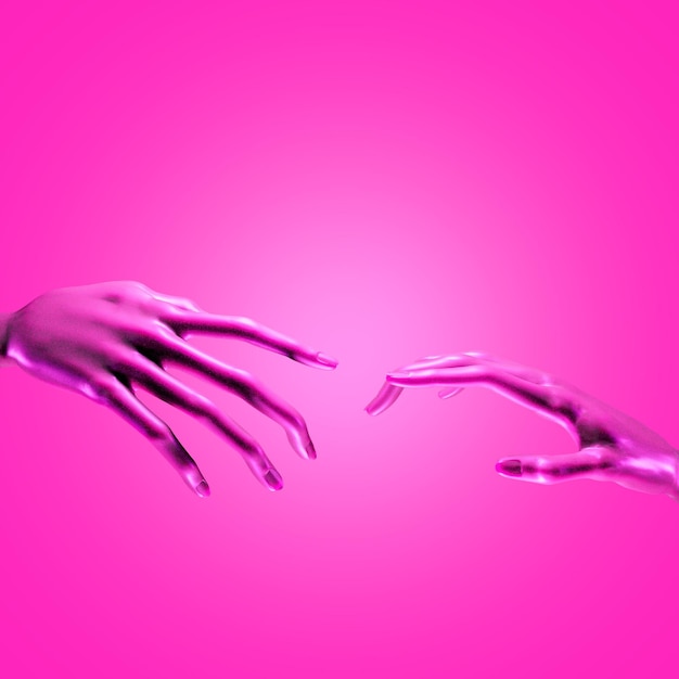 A pink background with two hands reaching out to each other.