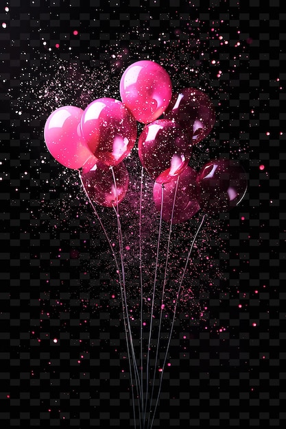 PSD pink balloons with pink and purple glitter on a black background