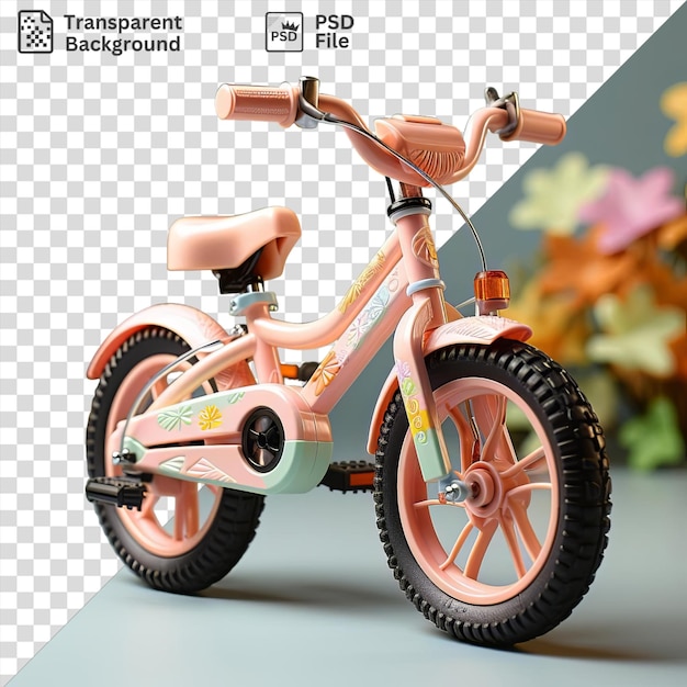 PSD a pink bicycle with black wheels and a brown seat sits on a white floor against a blue wall with a pink flower in the foreground and a black shadow cast behind it