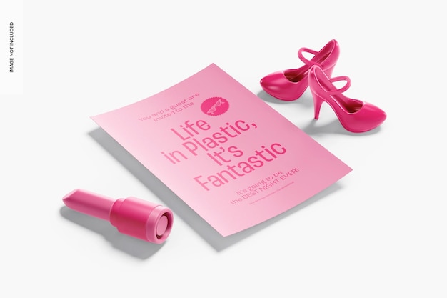 PSD pink birthday invitation card mockup, perspective