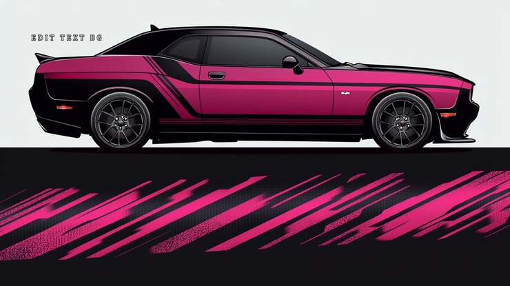 PSD pink and black muscle car with racing stripes design