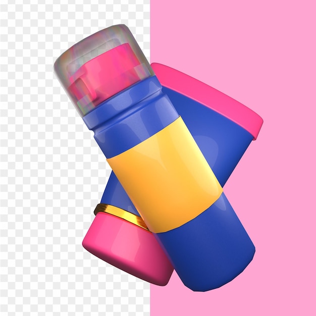 A pink and blue bottle with a pink and blue bottle on a pink background