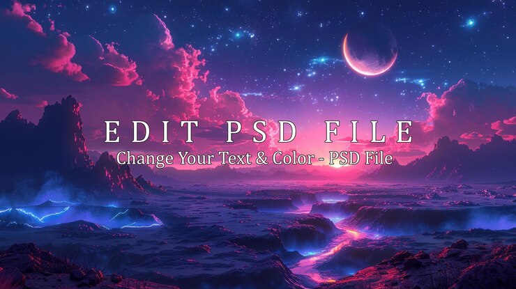 PSD pink and blue mountains under a starry sky