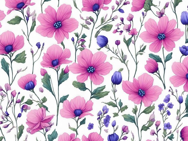 PSD modelli di fiori selvatici rosa, blu e viola aigenerati.