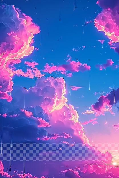 PSD pink and blue sky with clouds in the cartoon on transparent background