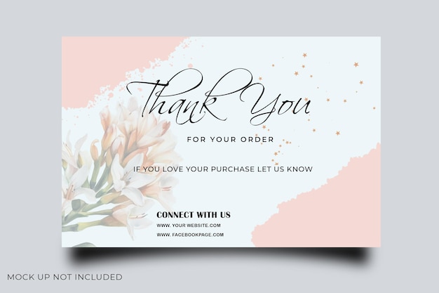 A pink and blue thank you card with a floral design.