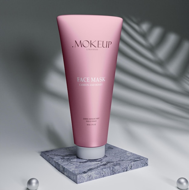 A pink bottle of makeup face mask is on a marble base.