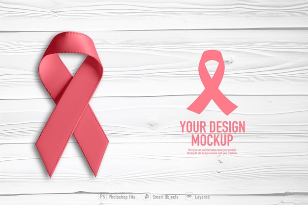 Pink bow for cancer day mockup on wood background