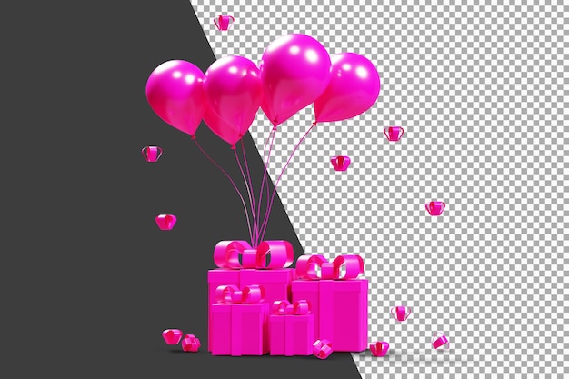 Regali scatola rosa con palloncini rosa rendering 3d isolato