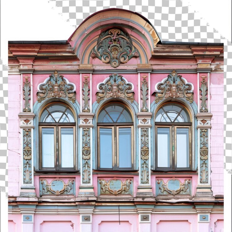 PSD a pink building with a window that says  the name of the building