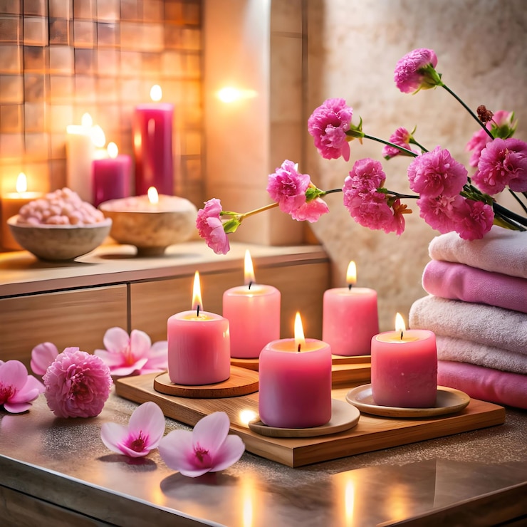 PSD pink candles with pink flowers and zen stones on board