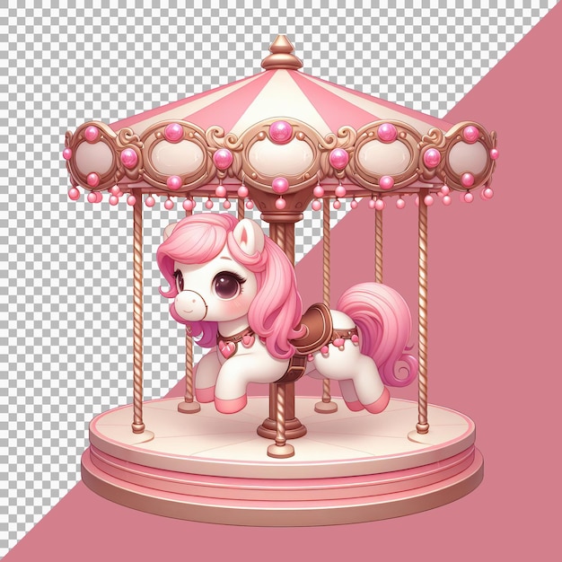 Pink carousel with cute horses on transparent background