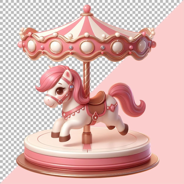 Pink carousel with cute horses on transparent background