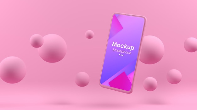 PSD mockup di cellulare rosa galleggiante per applicazioni e siti web. sfondo rosa e palline galleggianti.