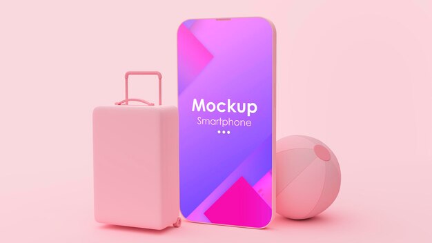 Mockup di cellulare rosa per app e siti web di viaggio. sfondo rosa con borsa e palla.