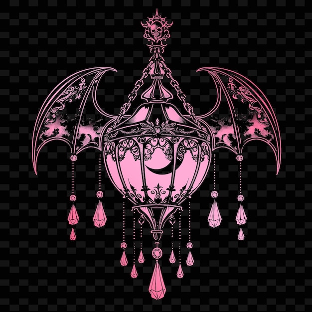 A pink chandelier with a black background and a black background with a black and white image of a d