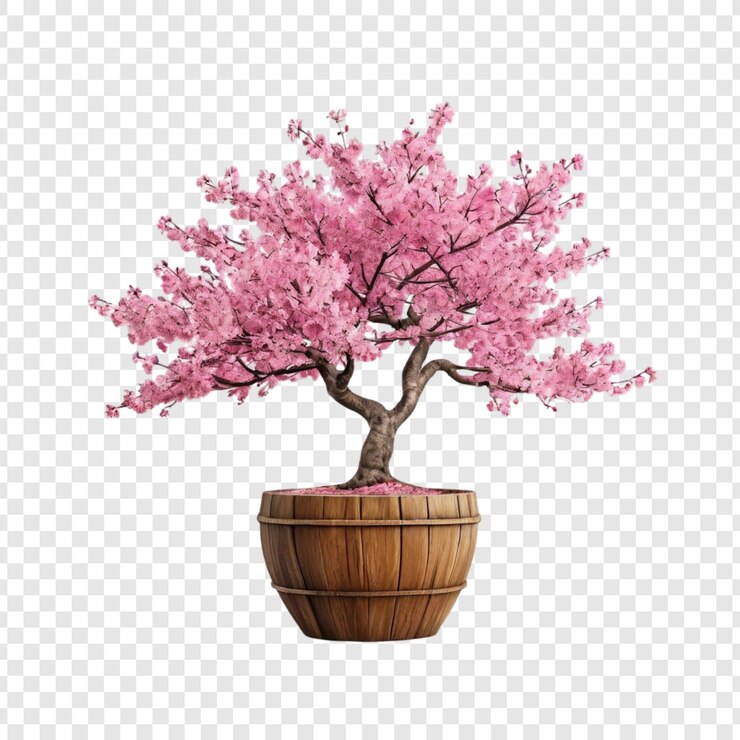 PSD pink cherry blossom bonsai tree in wooden pot spring bloom