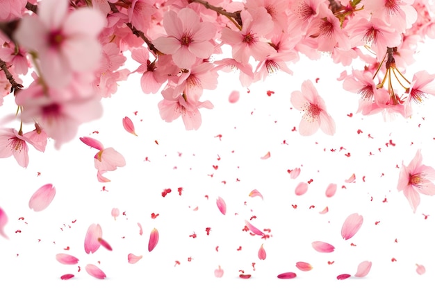 PSD pink cherry blossom petals falling in the wind isolated a transparent background