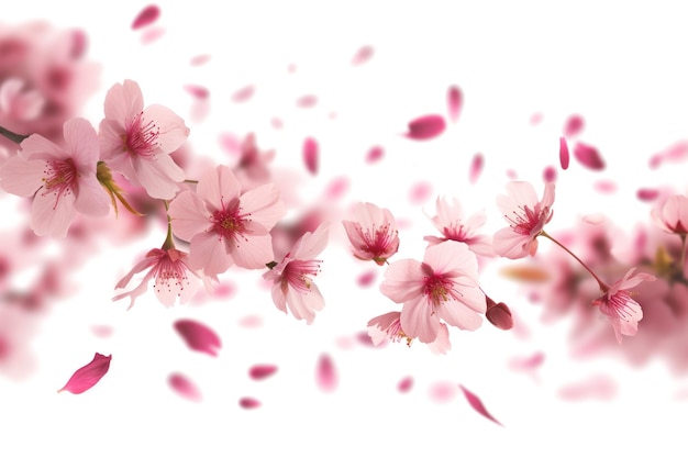 PSD i petali di fiori di ciliegio rosa che cadevano al vento isolavano uno sfondo trasparente