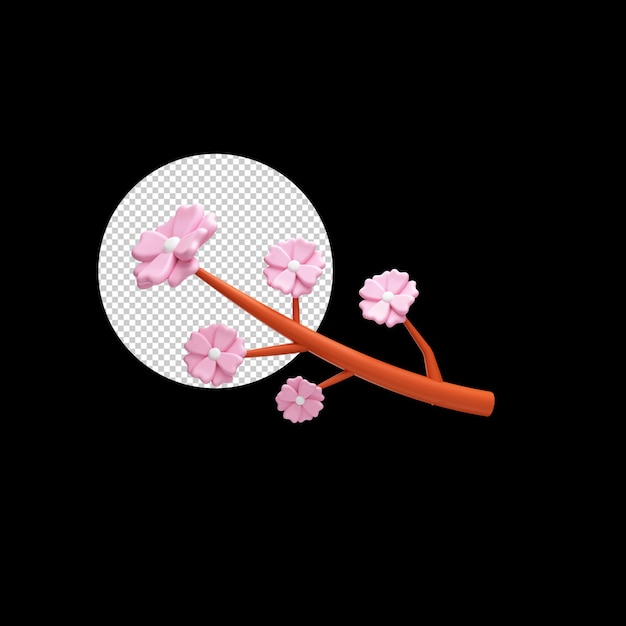 PSD pink cherry flower branch against circle png black background