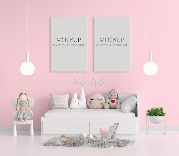 Pink child bedroom with frame mockup