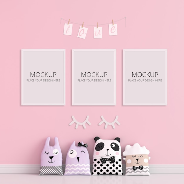 Pink child room with frame mockup